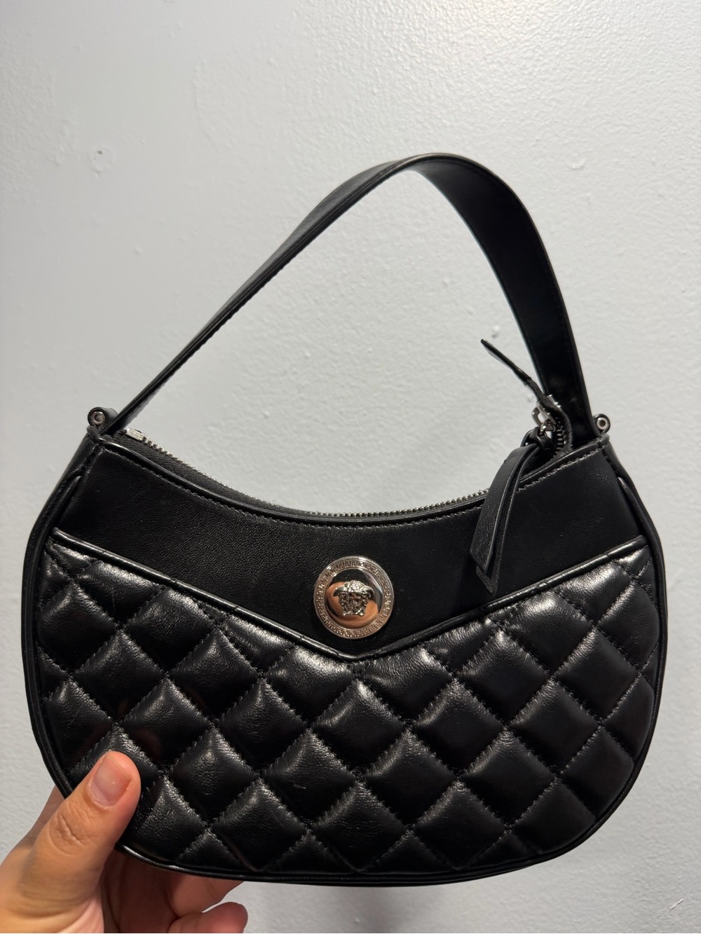 Versace Black Quilted Crescent Mini Shoulder Bag with Medallion